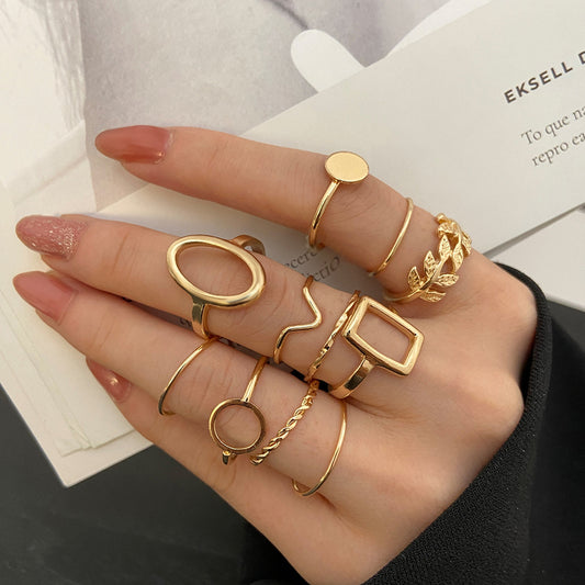 11pcs Geometric Leaf Ring Set