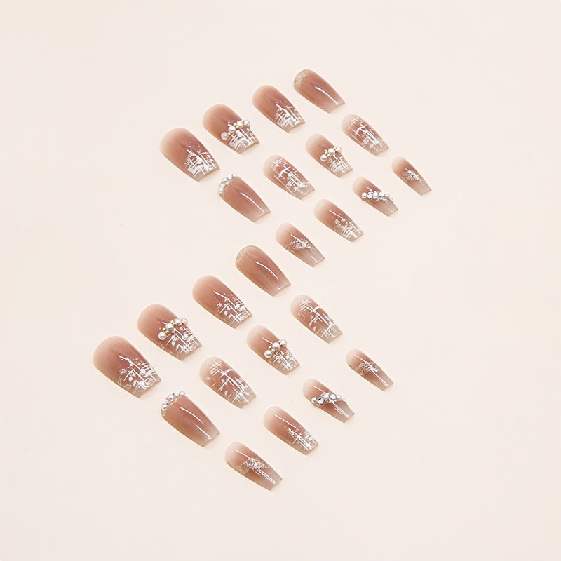 24pcs Chic Pink Ballet Press-On Nails with Pearls & Glitter