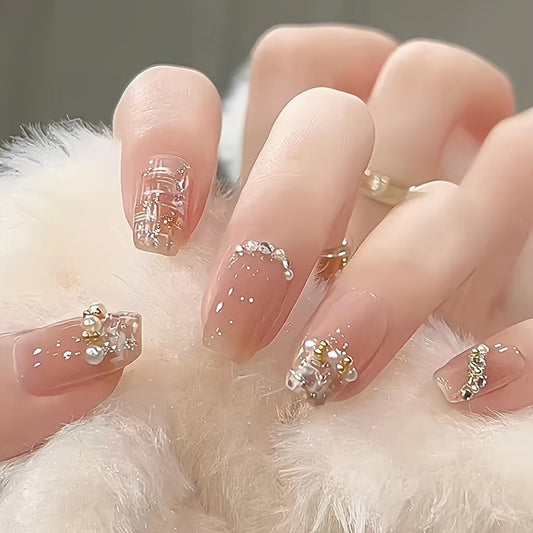 24pcs Chic Pink Ballet Press-On Nails with Pearls & Glitter