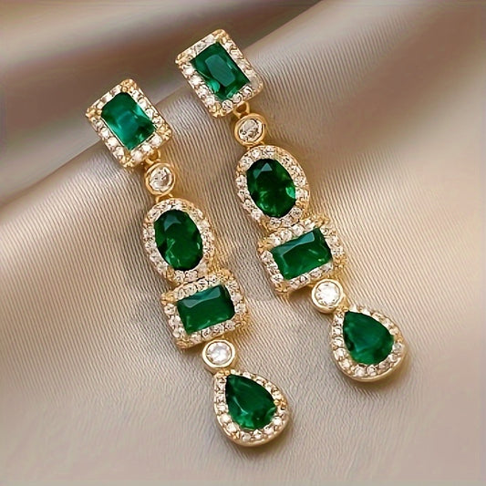 Luxury Dangle Earrings with Emerald Green  Gemstones