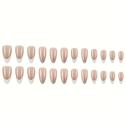 24pcs Almond Press-On Glossy Pink French Nails