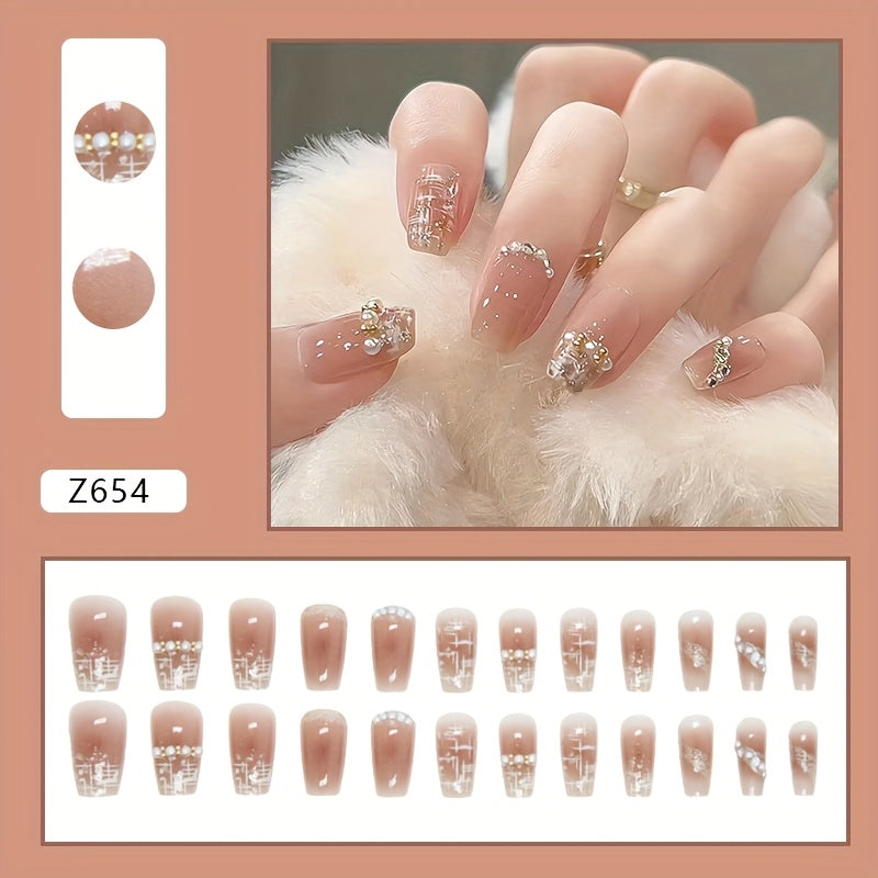 24pcs Chic Pink Ballet Press-On Nails with Pearls & Glitter