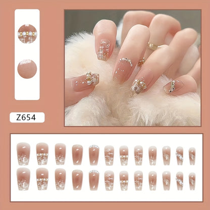 24pcs Chic Pink Ballet Press-On Nails with Pearls & Glitter