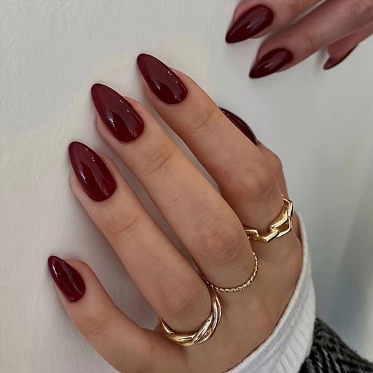 24pcs Chic Red Wine Glossy French nails