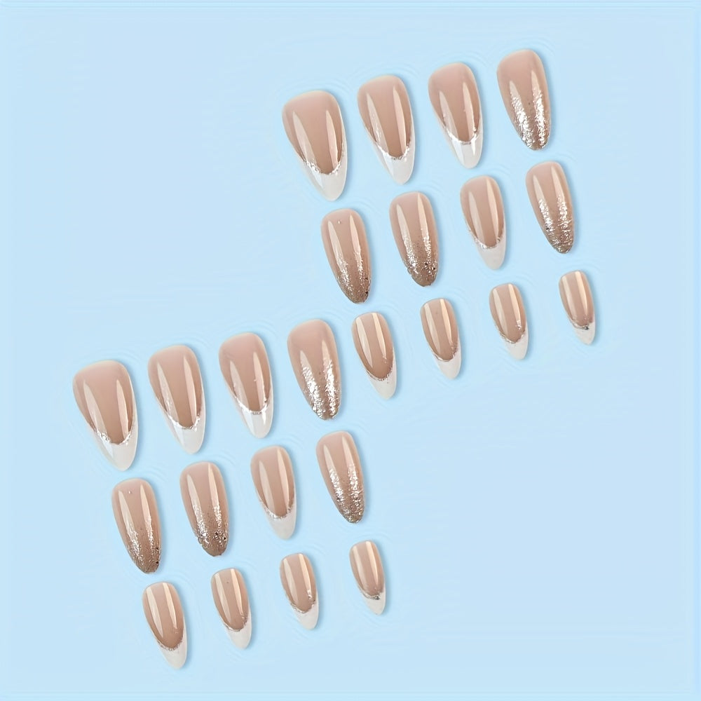 24pcs Almond Press-On Glossy Pink French Nails